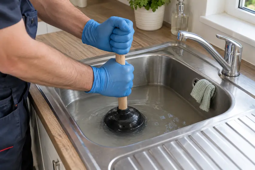 Plumber clearing a blocked kitchen sink using a cup plunger.