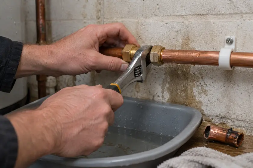 Plumber tightening a repair coupling on a leaking copper water pipe.
