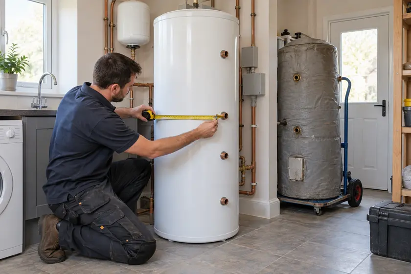 Plumber measuring a new hot water cylinder before replacement.