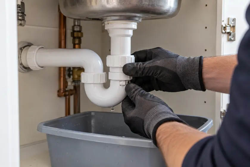 Plumber tightening a leaking kitchen sink trap above a catch tray.