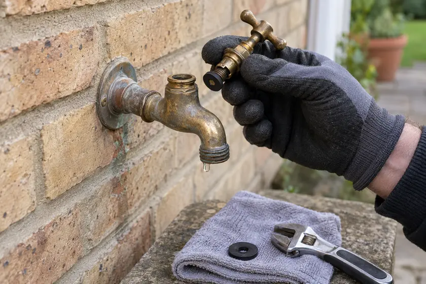 Plumber inspecting the washer and spindle removed from a leaking outside tap.