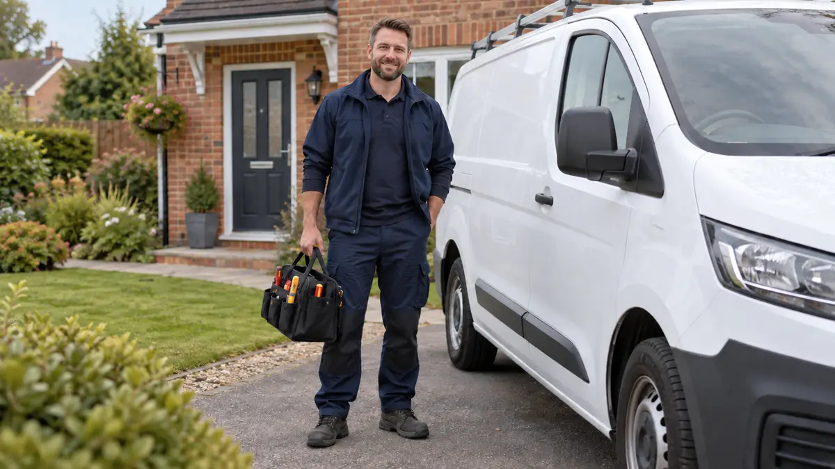 Friendly plumber with a tool bag beside a white service van at a British house.