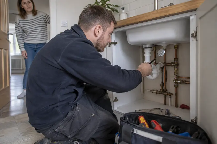 Visiting plumber inspecting water pipes beneath a sink.