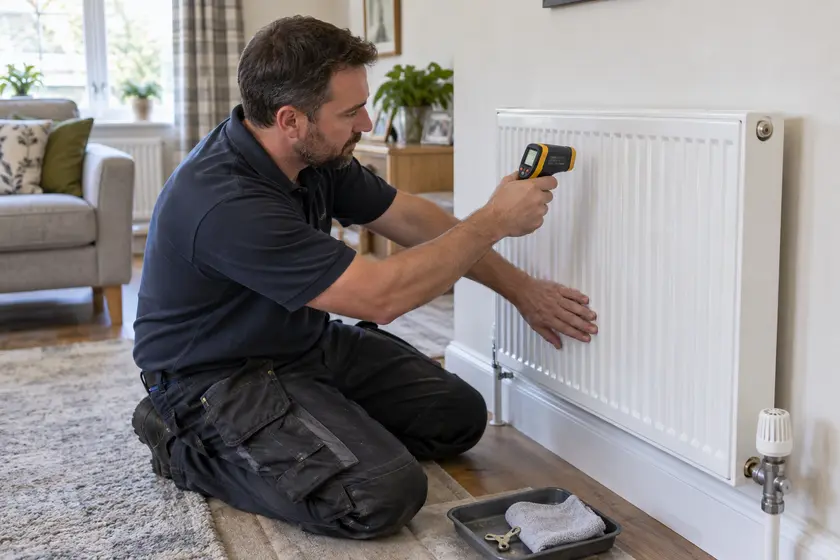Plumber checking radiator temperature with an infrared thermometer.