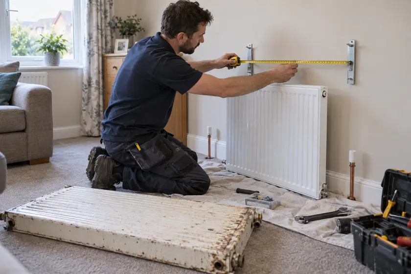 Plumber measuring wall brackets beside new and removed radiators.