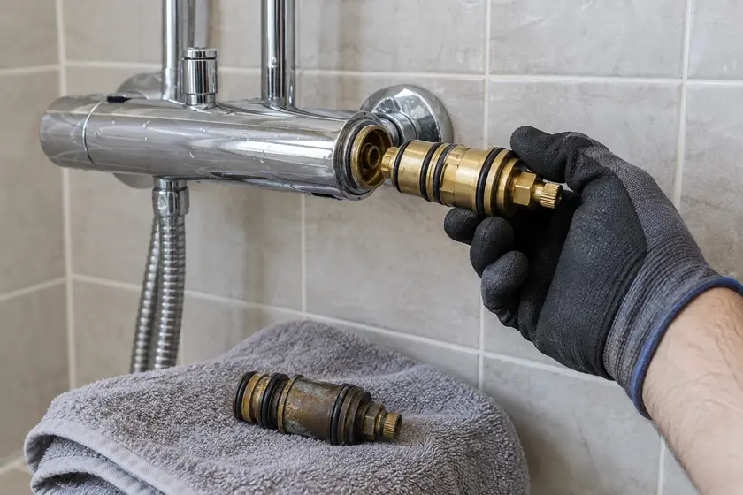 Plumber replacing a brass thermostatic cartridge in a shower mixer.