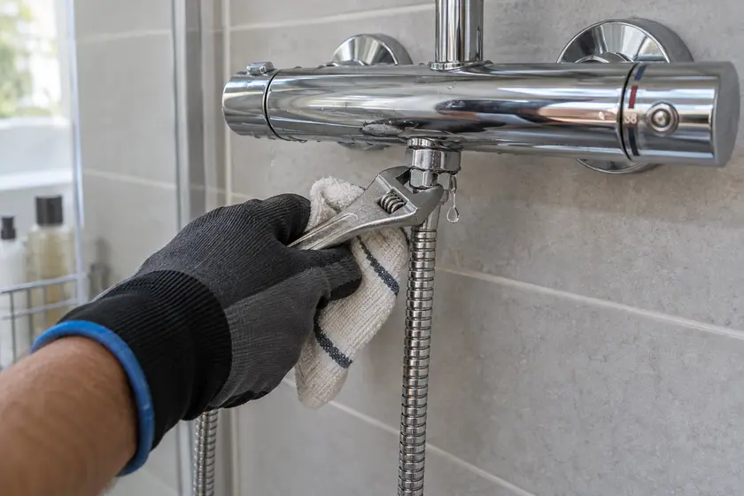 Plumber repairing a leaking hose connection on a thermostatic shower bar.