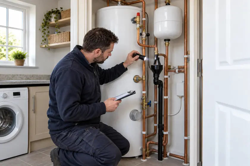 Engineer inspecting an unvented cylinder tundish with a torch.